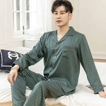 爱慕星月冰丝睡衣男春夏秋季开衫丝绸触感缎面长袖长裤大码男士家居服