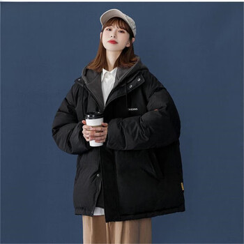 镜渝先生新款假两件女连帽面包服冬季加厚百搭潮流ins外套黑色s80105