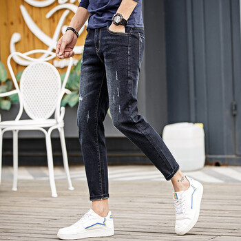 潮牌新品韩版九分裤男修身牛仔裤弹力磨破紧身铅笔裤百搭显瘦小窄脚
