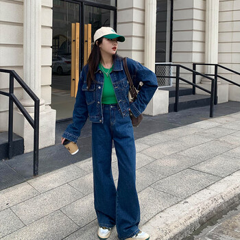 汇郁子蓝色牛仔套装女2022年春季新款短款外套上衣休闲时尚两蓝色裤子