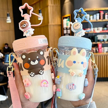 萦娪可爱女生水杯夏季高颜值塑料杯耐高温超萌学生儿童便携吸管杯子