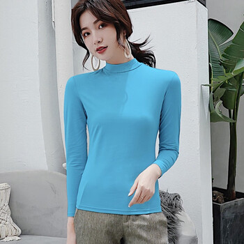 t恤女2020秋装新款半高领修身打底衫女时尚百搭体恤女半高领天蓝色l