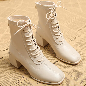 女士半高跟半筒靴白色马丁靴女生秋冬款显瘦中跟高帮鞋系带英伦风短靴