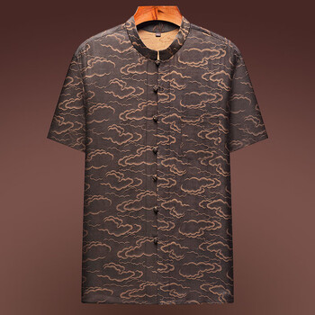 企鹅香云纱衬衫男夏季短袖真丝桑蚕丝绸中式禅意佛系男装中国风上衣服