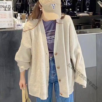 针织毛衣外套女23秋冬款温柔浅色系宽松开衫上衣厚款杏色s码8095斤