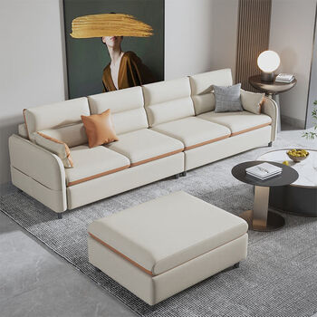 免洗科技布艺沙发北欧简约现代直排脚踏贵妃组合三人客厅撞色沙发 米