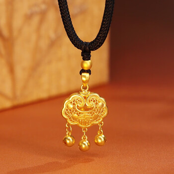 米詅999足金福牌平安锁黄金吊坠女3d硬金铃铛长命锁编织项链送礼物 金