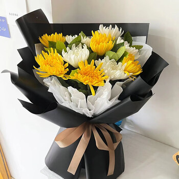 菊花祭奠丧礼花束全国同城花店 9朵黄白菊a款 全国同城配送 留言送花