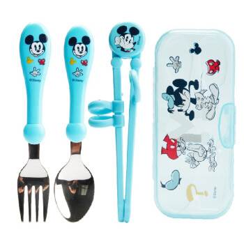 迪士尼（Disney）儿童餐具套装 筷子训练筷婴儿不锈钢叉勺宝宝餐具学习筷 叉勺训练筷 3件套 米奇蓝色