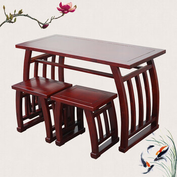 宅尚佳书画桌新中式老榆木仿古马鞍桌国学桌书法书画桌椅双人培训课