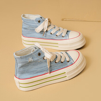 迪芙熙秋季高帮学生厚底帆布鞋女复古百搭牛仔布板鞋薄款增高可爱休闲