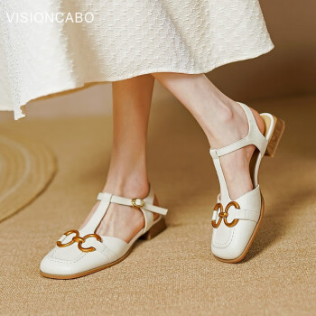 威森卡伯（visioncabo）T字扣带包头凉鞋女低跟夏季罗马鞋女 米白色 39