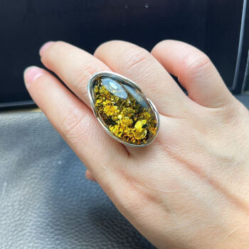 ock琥珀虫珀戒指花珀景观绿色琥珀环活扣大面925银女款欧洲进口保活口