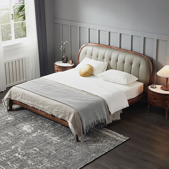 温典黑胡桃木实木床意式优雅双人床主卧真皮软靠床18米现代北美黑胡桃