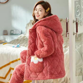 霏雨妮睡衣女生冬季三层夹棉加绒加厚保暖抗寒睡袄防风珊瑚绒秋衣女秋