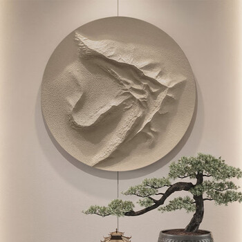 筑尚日式侘寂风圆形3d立体浮雕壁画入户玄关柜挂画抽象山脉客厅装饰画