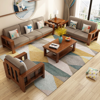 新中式实木沙发组合现代简约三人位布艺沙发大小户型客厅整装家具 方