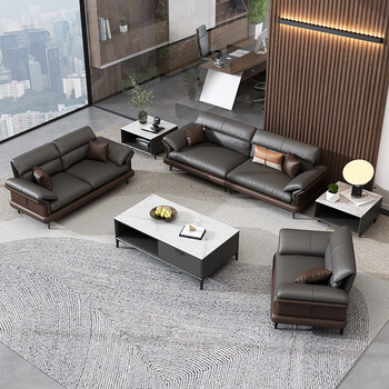 二一高端牛皮办公室沙发茶几组合商务接待洽谈现代简约商务会客室家具