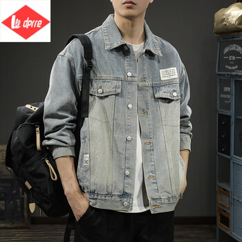 leedprre美式复古黄泥染水洗牛仔夹克男宽松大码春季潮牌休闲工装外套