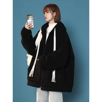 澳颜莱秋冬天女生连帽羊羔绒外套女带帽学生穿的300斤卫衣女黑色3xl