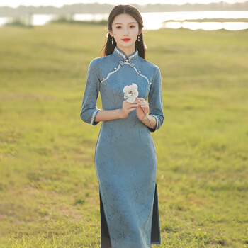 旗袍裙女中国风蓝色旗袍2022年新款秋款长袖年轻款气质高端麂皮绒秋季