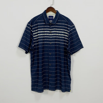 单男士真丝棉混纺短袖衬衫桑蚕丝印花宽松大l码上衣t恤藏蓝色衣服胸围