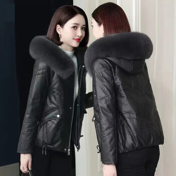 皮衣海宁皮衣羽绒服女冬季狐狸毛领短款加厚保暖皮袄棉黑色4xl160斤内