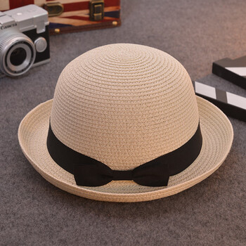 婕婕珂儿亲子款小圆帽子女士夏天韩版圆顶草帽可爱卷边小礼帽沙滩遮阳