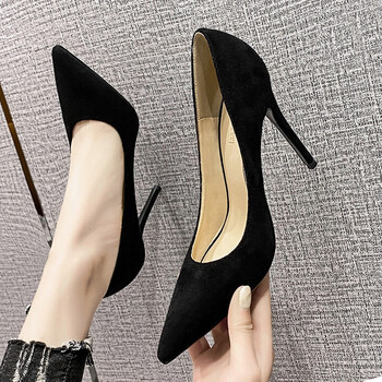 高跟鞋绒面职业女细跟性感软底百搭通勤尖头浅口单鞋 黑色(跟高8cm)