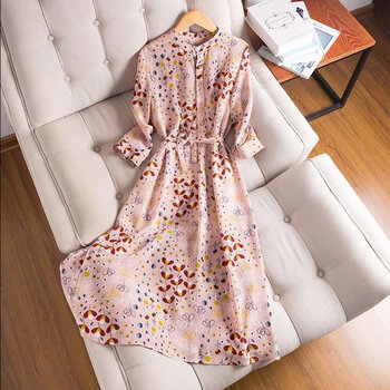 中年女士棉质连衣裙夏季新款气质小碎花七分袖衬衫裙中长款连衣裙收腰