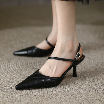 catafed接吻百丽猫包头凉鞋一字扣带尖头女鞋高跟凉鞋性感细跟尖头