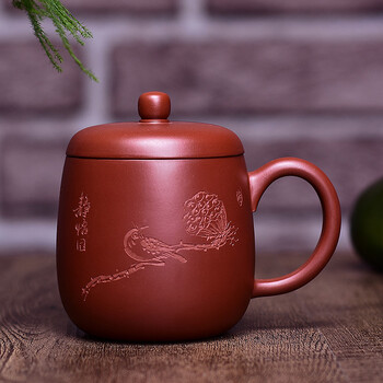 紫砂杯水杯大容量茶杯男士带盖杯女士款家用办公室陶瓷杯子马克杯腹圆