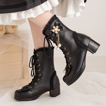 女童靴子洛丽塔甜美小女孩可爱中筒靴时尚粗跟少女学生蝴蝶结高跟鞋