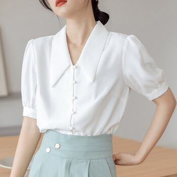 适合女大学生教资面试的夏装职业短袖v领白色衬衫女式夏季薄款教师
