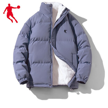 中国乔丹羽绒棉衣男保暖加绒加厚羊羔绒冬季棉袄潮牌休闲百搭外套蓝色