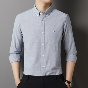 jeans美国高端汤米polo衬衣春秋男装衬衫牛津纺免烫商务休闲上衣 灰色