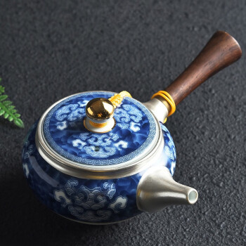辰軒瓷業 手工纯银陶瓷茶壶日式侧把壶过滤功夫茶具泡茶木柄家用单壶盖碗 鎏银青花侧把壶