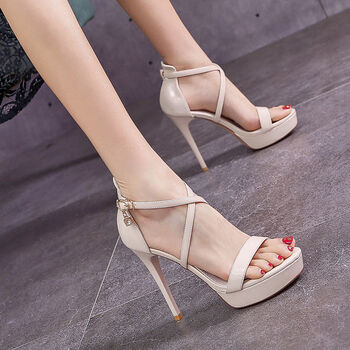 一字带10cm高跟鞋女细跟走秀高跟鞋12cm性感交叉绑带露趾漆皮防水台超