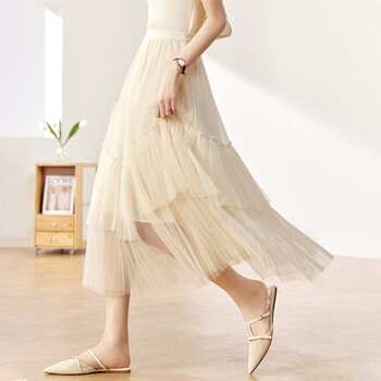 班虑朦胧仙气美手工定位缝制松紧腰裙下摆压褶半身裙 米杏色 s