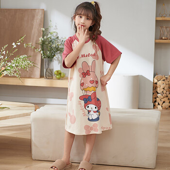 贴心熊女童睡裙夏季纯棉短袖薄款儿童睡衣夏款小女孩亲子大童卡通家居