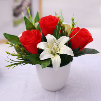 假花干花塑料仿真花瓶套装客厅家居装饰插花摆设圆盆百合玫瑰红色圆盆