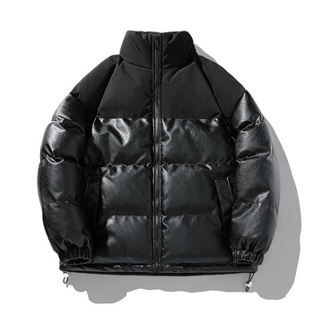 wassuplemon拼接pu皮短款羽绒服男生加厚90白鸭绒感外套情侣宽松面包
