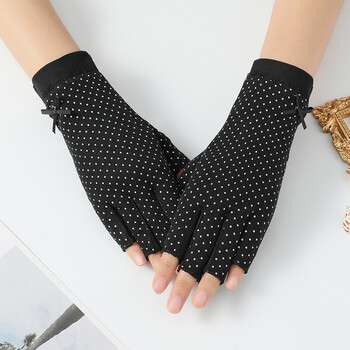 青衣麻相半指手套女士夏季薄款开车骑行防滑透气半截蕾丝点点蝴蝶结半