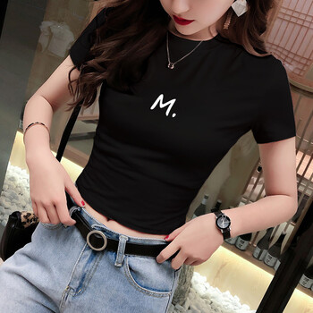 然往高腰t恤女短袖印花修身夏季质上衣露脐装紧身漏肚脐ins 黑色