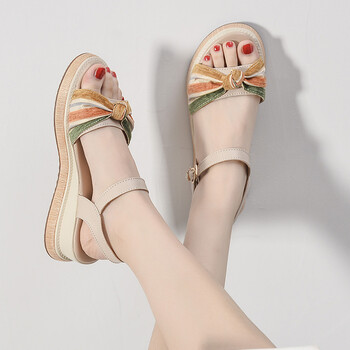 大码凉鞋胖脚宽中跟坡跟一字带34码小码鞋女夏季 3173-杏色 40