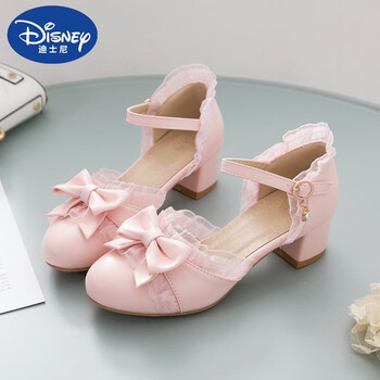迪士尼圆头粗跟大童高跟鞋白色凉鞋公主鞋女童蝴蝶结儿童鞋小女孩皮鞋