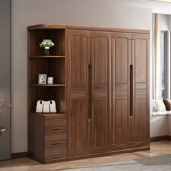 木丞 胡桃木衣柜衣橱新中式现代简约柜子四五六门卧室家具 衣柜加顶柜