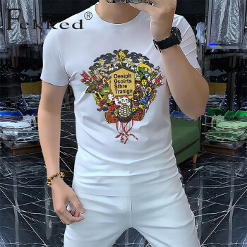 Fekked香港潮牌2024夏季新款男士时尚印花圆领个性修身百搭短袖T恤 白色 M