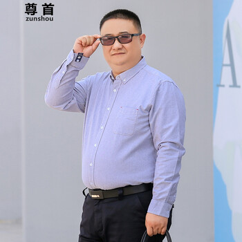 尊首胖人男装纯棉长袖衬衫有口袋大码胖子加肥加大中年男士职业装白