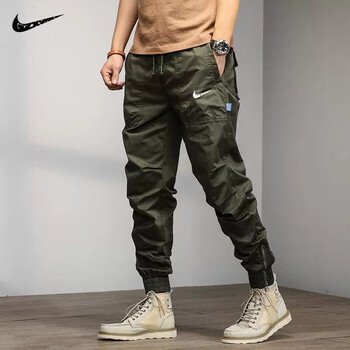 耐克纯棉工装裤男士夏季宽松束脚男女多口袋入藏运动休闲长裤子 军绿